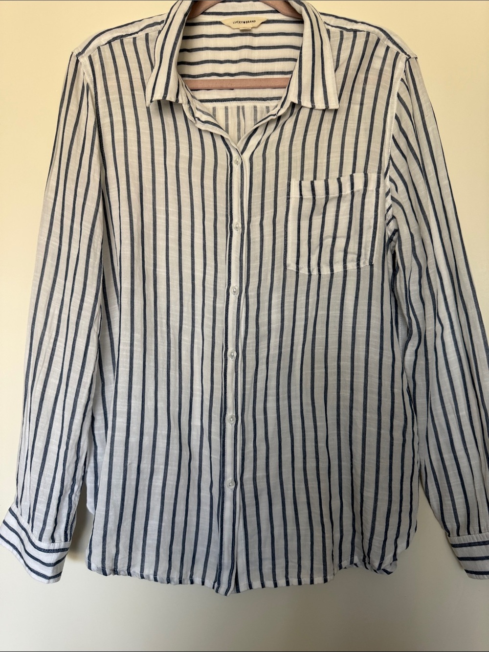 Lucky Brand White and Navy Vertical Stripe Button-Down Shirt